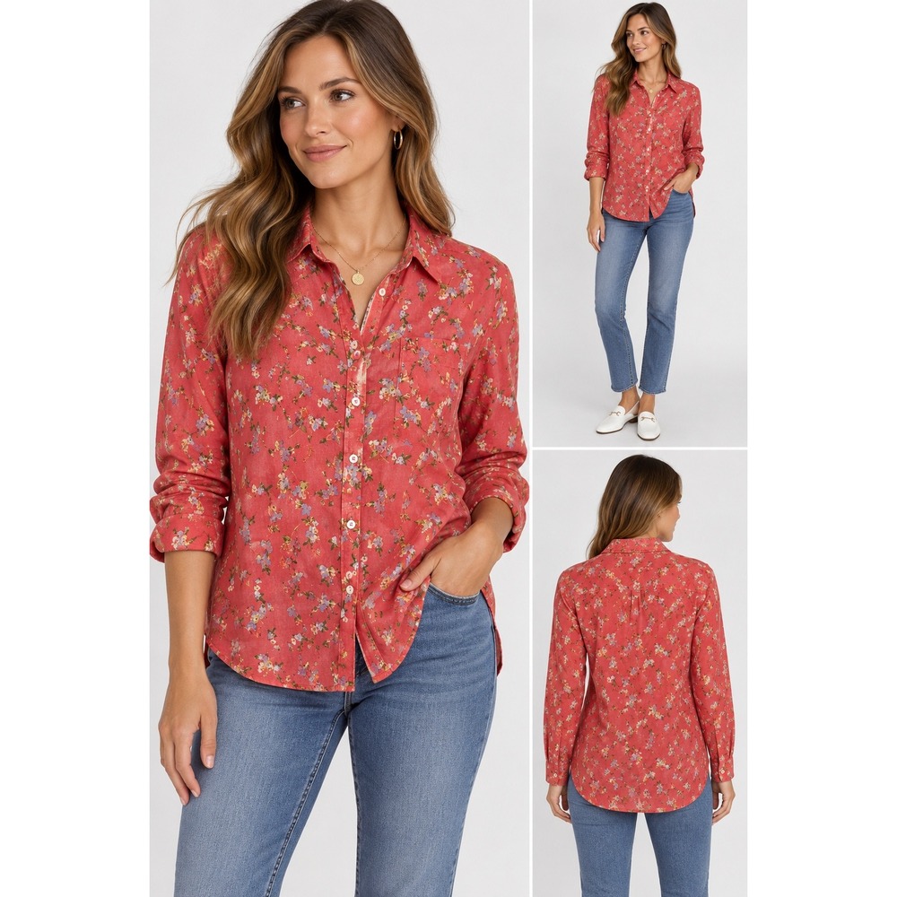 Sundance Womens Petite L Coral Pink Floral Cotton Button Down Shirt PL Cottage